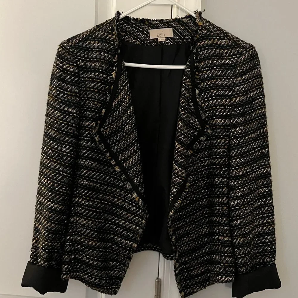 LOFT Tweed Multi Color Fringe Trim Lined Blazer Jacket - size 4 - Picture 1 of 3